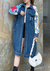 Boutique Blue Peter Pan Collar Pockets Print Patchwork Long Denim Coat